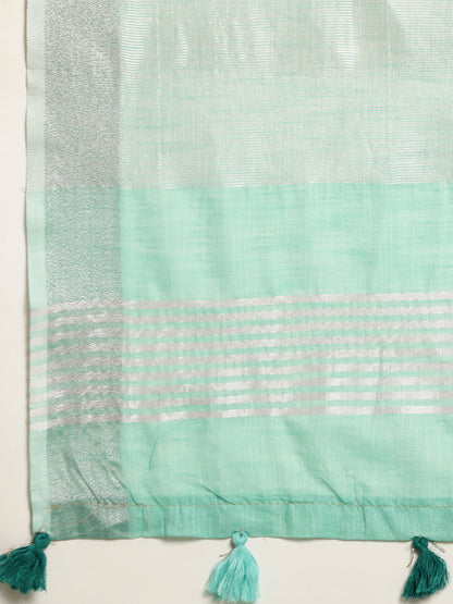 Astita Elegant Turquoise Woven Linen Saree with Contrast Zari Border & Tassels – Soft & Breathable Party Wear