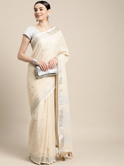 Astita Elegant Cream Woven Linen Saree with Contrast Zari Border & Tassels – Soft & Breathable Party Wear