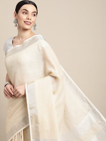 Astita Elegant Cream Woven Linen Saree with Contrast Zari Border & Tassels – Soft & Breathable Party Wear