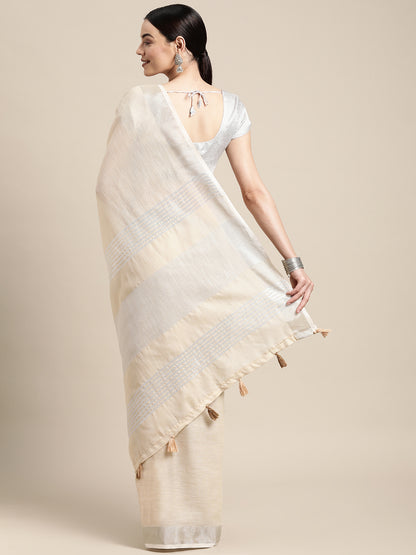 Astita Elegant Cream Woven Linen Saree with Contrast Zari Border & Tassels – Soft & Breathable Party Wear