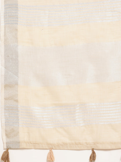 Astita Elegant Cream Woven Linen Saree with Contrast Zari Border & Tassels – Soft & Breathable Party Wear