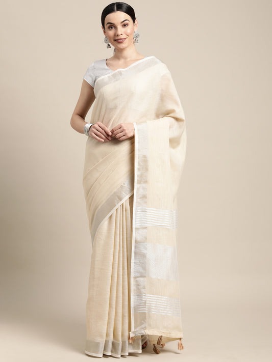 Astita Elegant Cream Woven Linen Saree with Contrast Zari Border & Tassels – Soft & Breathable Party Wear
