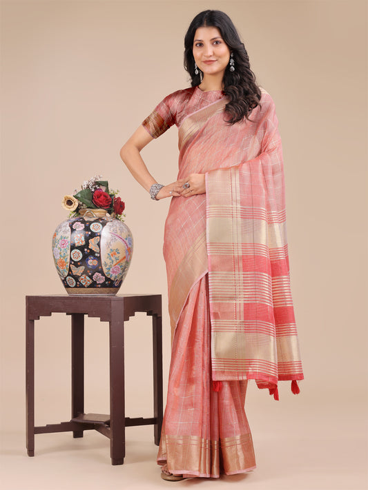 Peach Pink Organza Saree with Golden Checked Pattern – Radiate Soft Elegance