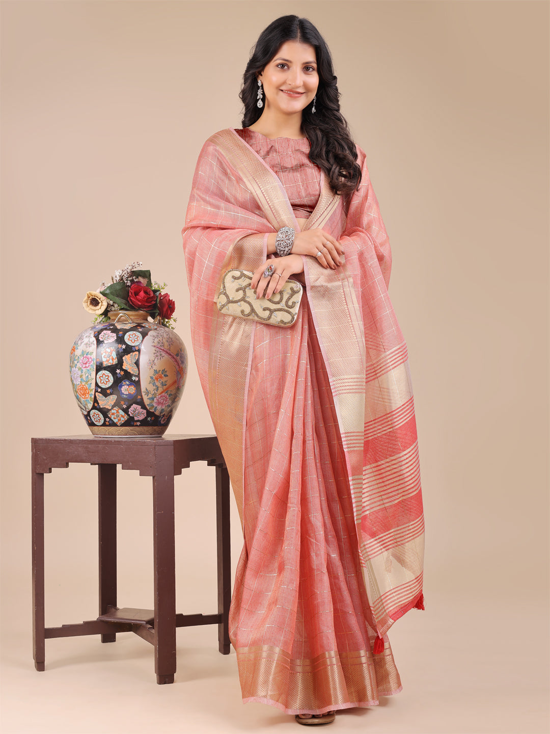 Peach Pink Organza Saree with Golden Checked Pattern – Radiate Soft Elegance