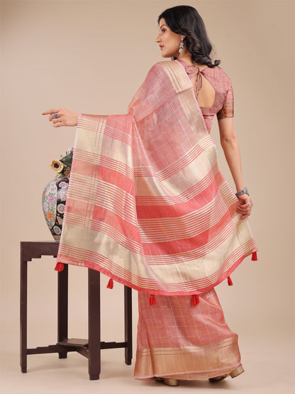 Peach Pink Organza Saree with Golden Checked Pattern – Radiate Soft Elegance