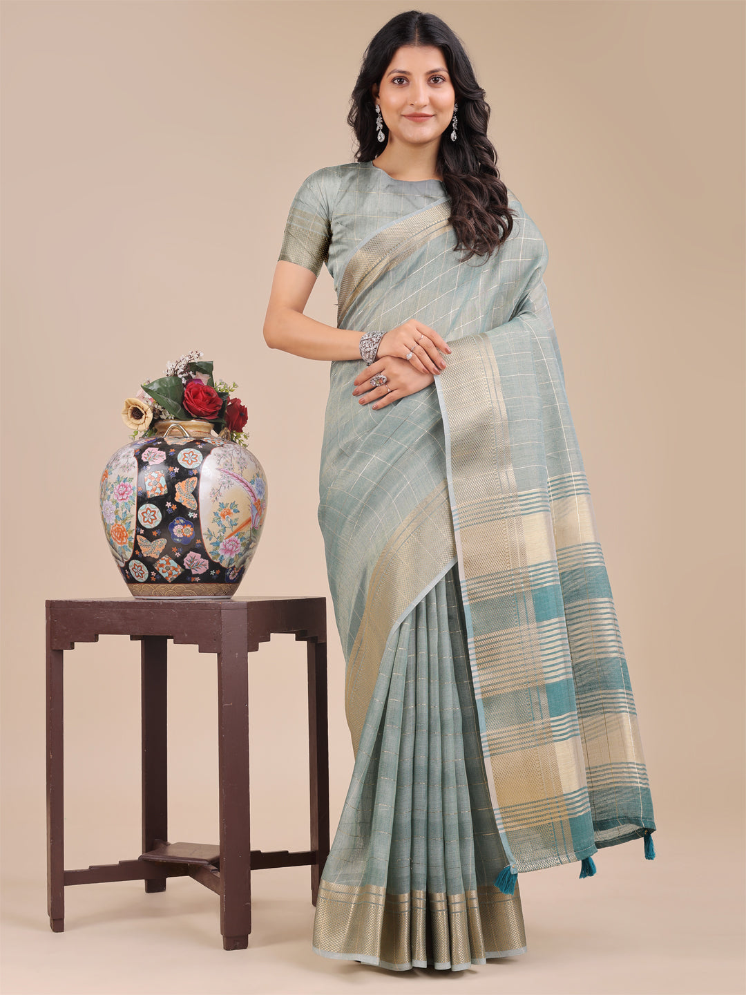 Sea Green Organza Saree with Golden Checked Pattern – Radiate Soft Elegance
