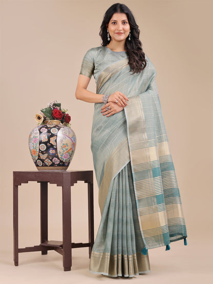 Sea Green Organza Saree with Golden Checked Pattern – Radiate Soft Elegance
