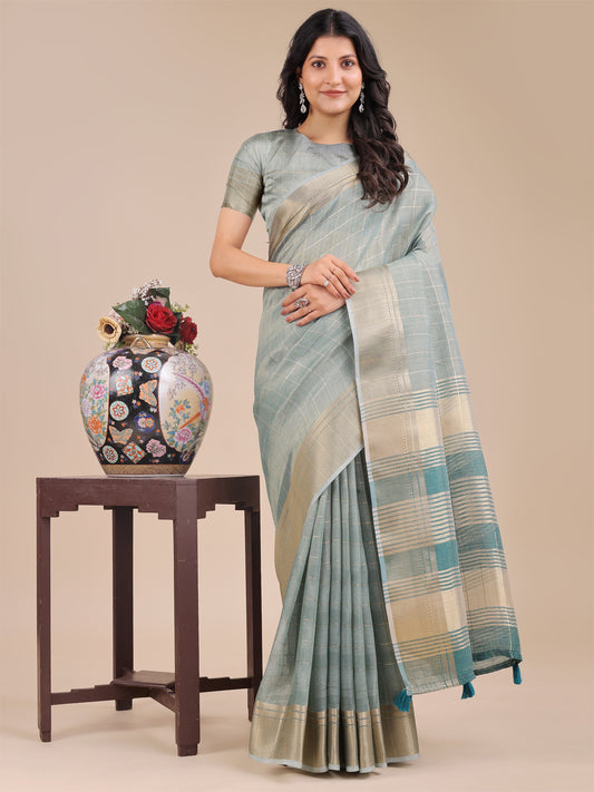 Sea Green Organza Saree with Golden Checked Pattern – Radiate Soft Elegance