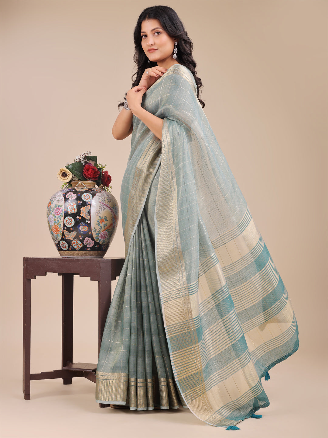 Sea Green Organza Saree with Golden Checked Pattern – Radiate Soft Elegance