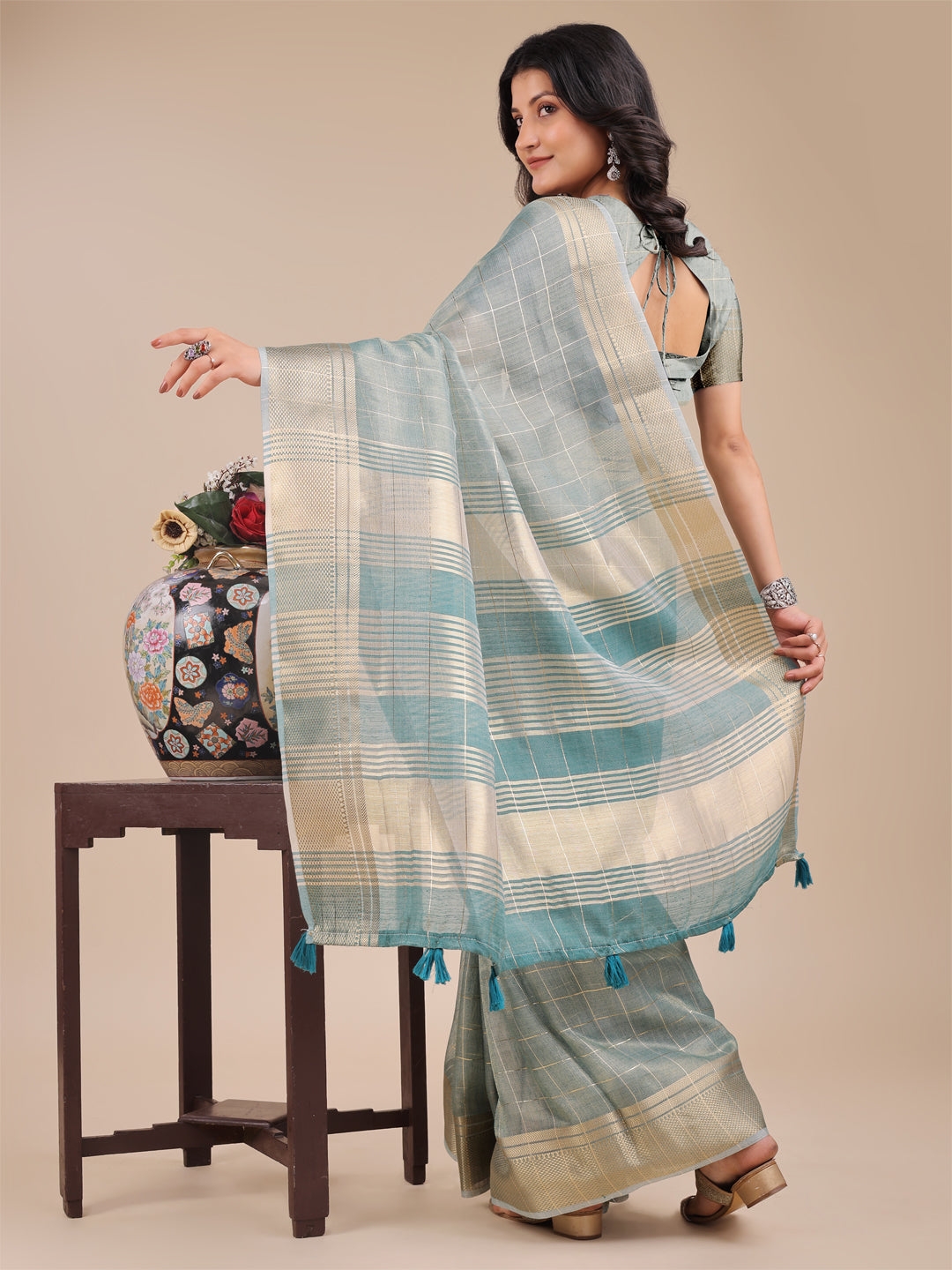Sea Green Organza Saree with Golden Checked Pattern – Radiate Soft Elegance