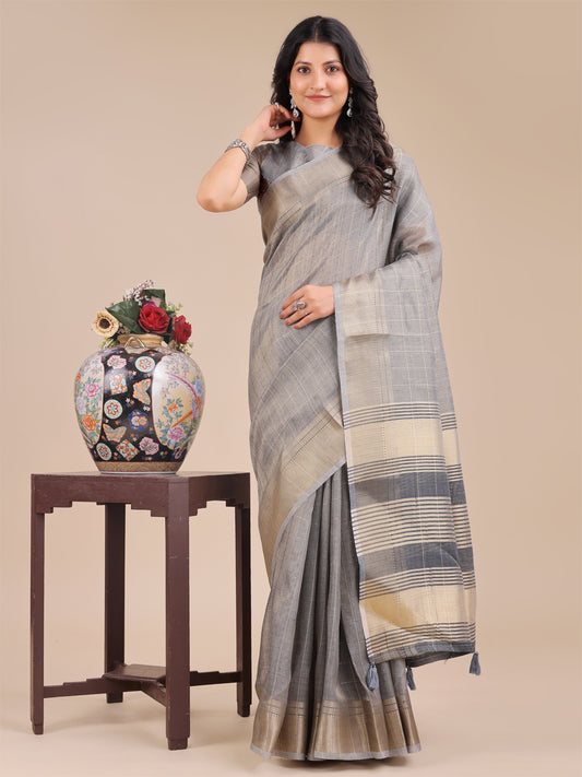 Grey Organza Saree with Golden Checked Pattern – Radiate Soft Elegance