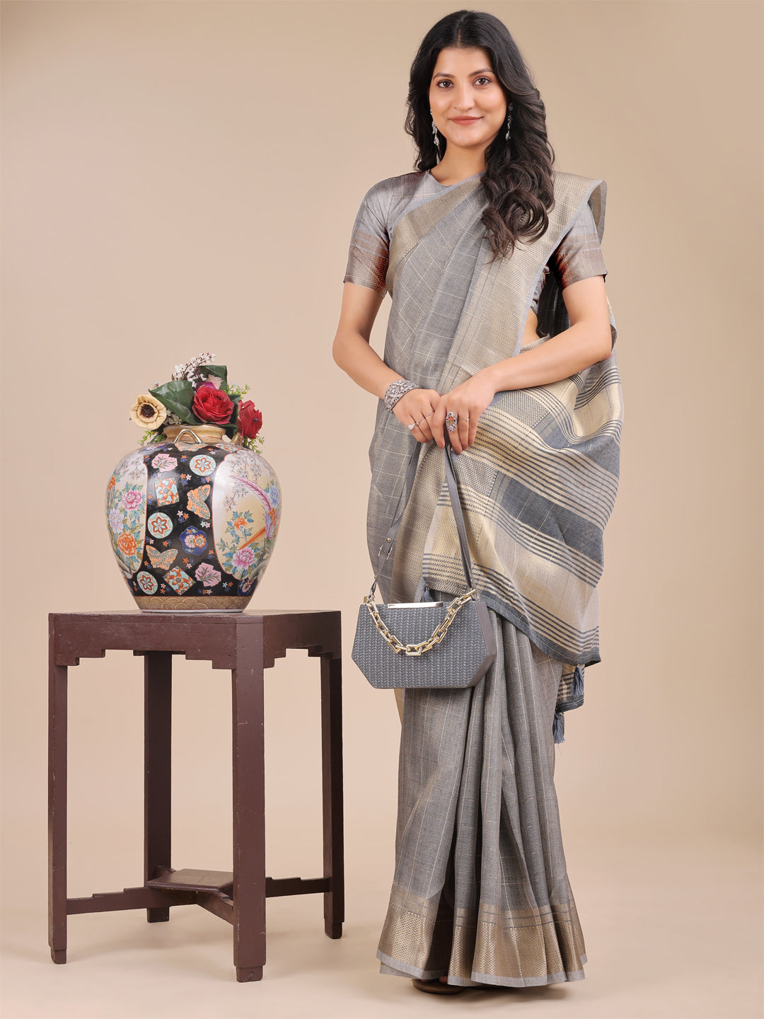 Grey Organza Saree with Golden Checked Pattern – Radiate Soft Elegance