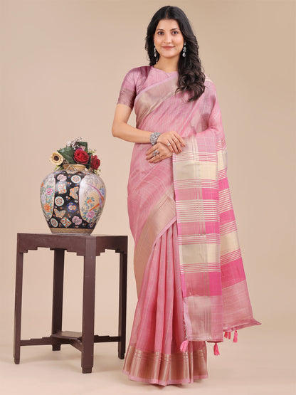 Peach Pink Organza Saree with Golden Checked Pattern – Radiate Soft Elegance