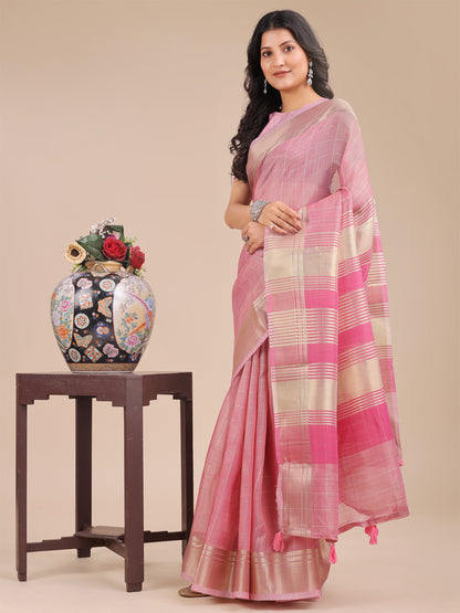 Peach Pink Organza Saree with Golden Checked Pattern – Radiate Soft Elegance