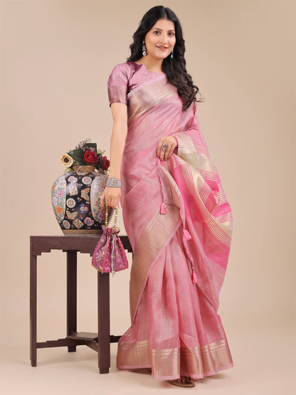 Peach Pink Organza Saree with Golden Checked Pattern – Radiate Soft Elegance