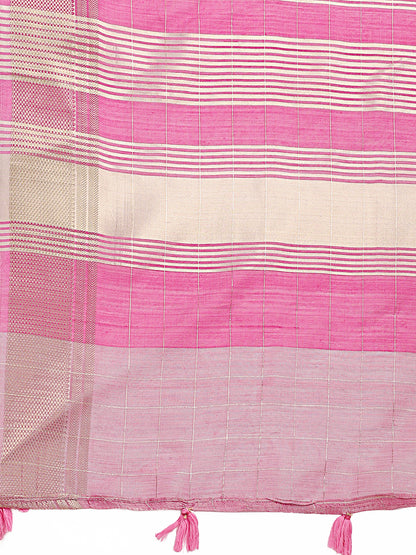 Peach Pink Organza Saree with Golden Checked Pattern – Radiate Soft Elegance