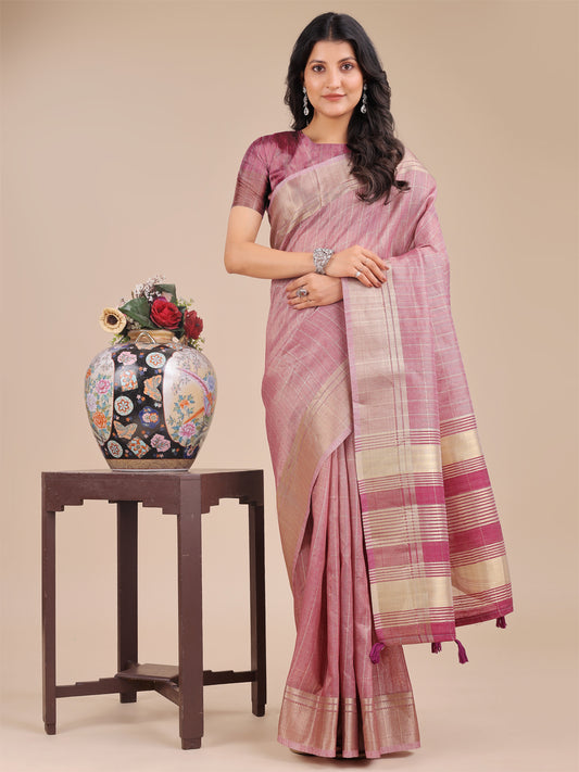 Purple Organza Saree with Golden Checked Pattern – Radiate Soft Elegance