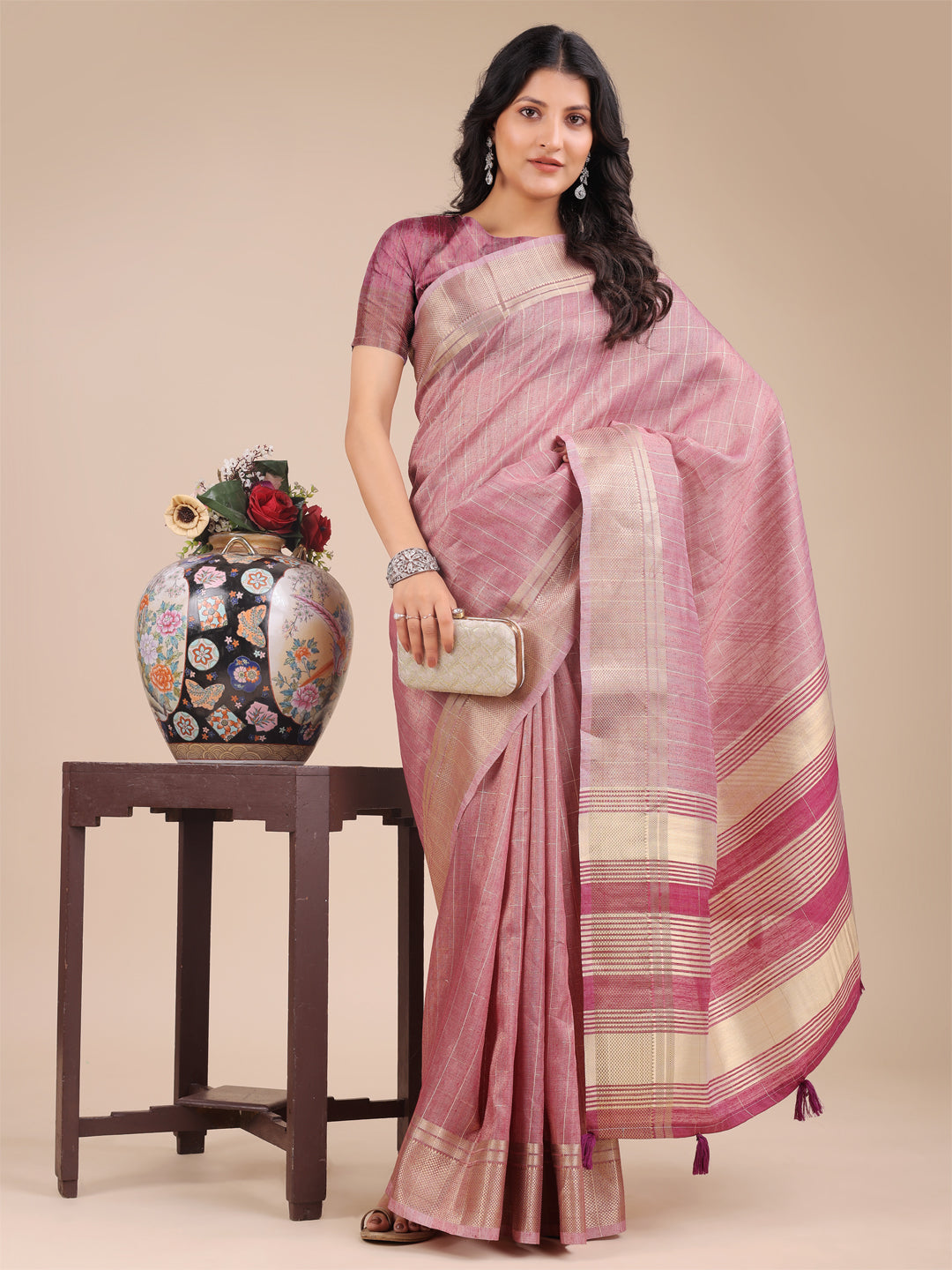 Purple Organza Saree with Golden Checked Pattern – Radiate Soft Elegance