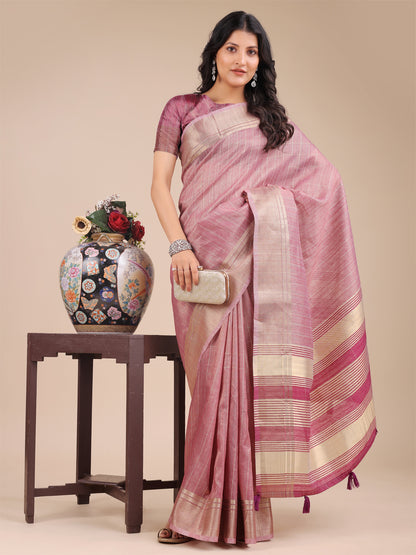 Purple Organza Saree with Golden Checked Pattern – Radiate Soft Elegance