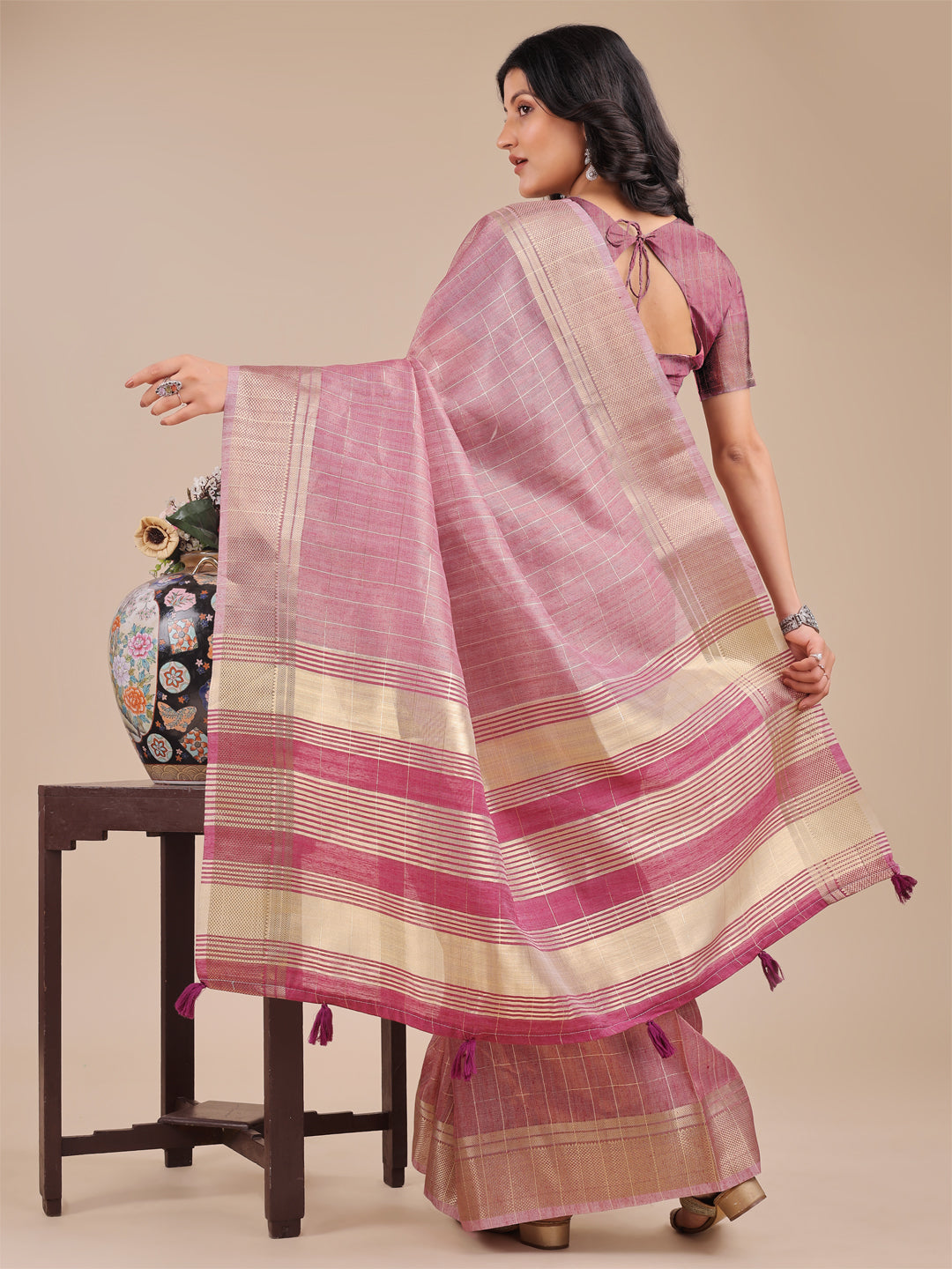 Purple Organza Saree with Golden Checked Pattern – Radiate Soft Elegance