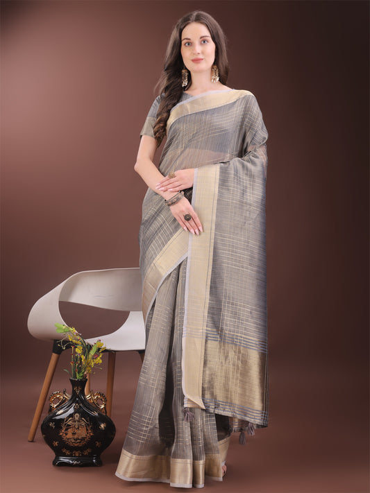 Astita Grey Organza Saree with Gold Checked Design – Elegant & Classy Traditional Wear for Formal & Festive Occasions