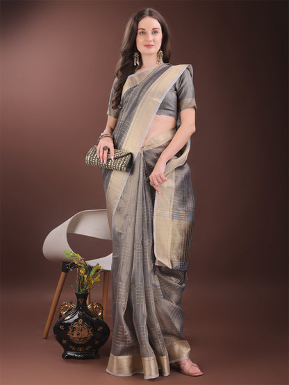 Astita Grey Organza Saree with Gold Checked Design – Elegant & Classy Traditional Wear for Formal & Festive Occasions
