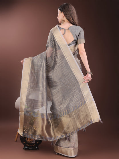 Astita Grey Organza Saree with Gold Checked Design – Elegant & Classy Traditional Wear for Formal & Festive Occasions