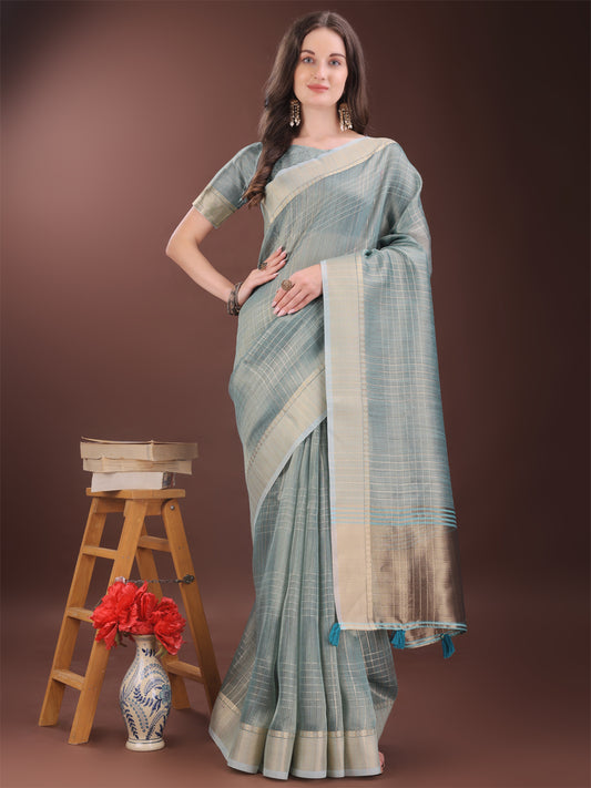 Astita Light Blue Organza Saree with Gold Checked Design – Elegant & Classy Traditional Wear for Formal & Festive Occasions