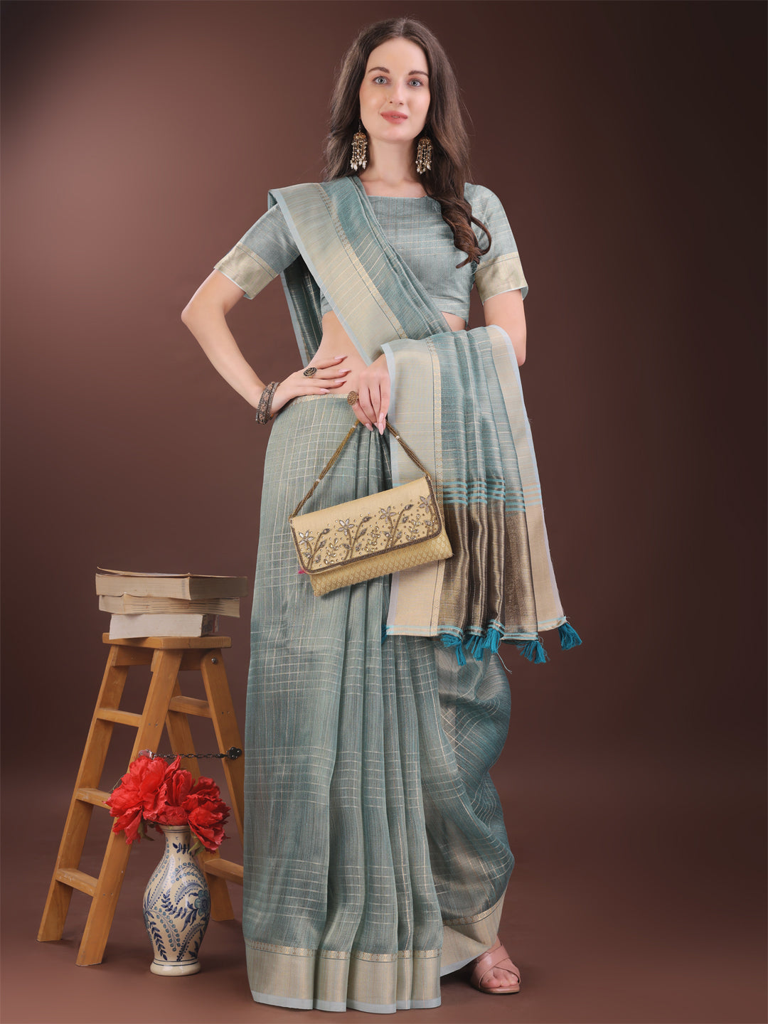 Astita Light Blue Organza Saree with Gold Checked Design – Elegant & Classy Traditional Wear for Formal & Festive Occasions