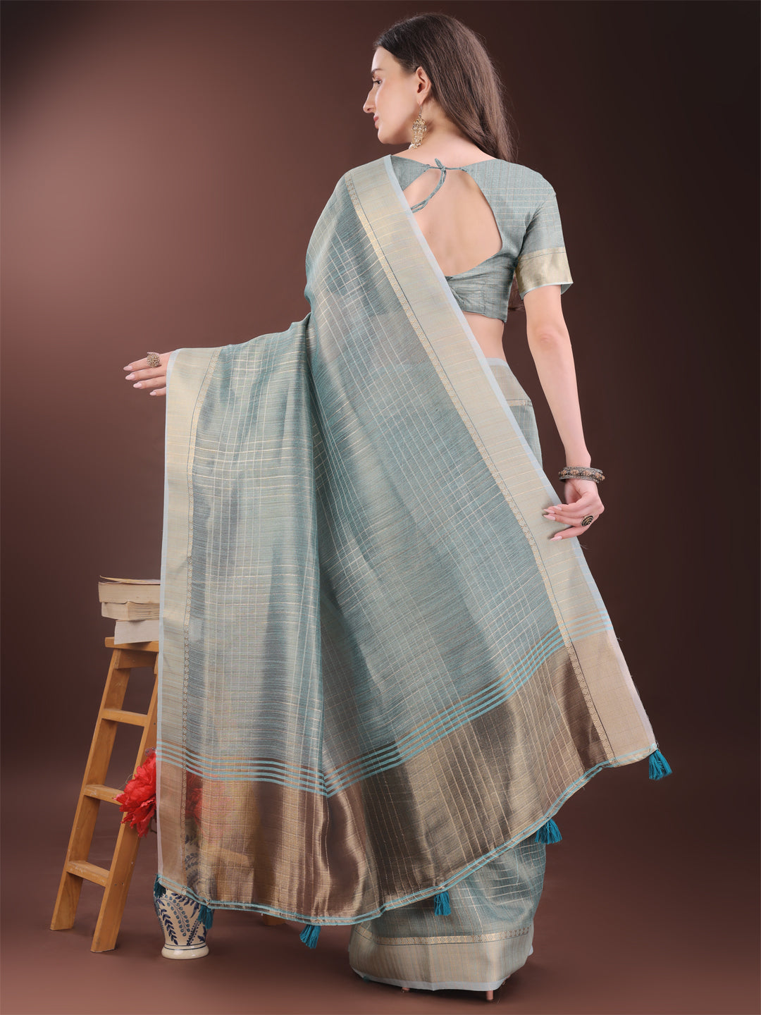 Astita Light Blue Organza Saree with Gold Checked Design – Elegant & Classy Traditional Wear for Formal & Festive Occasions
