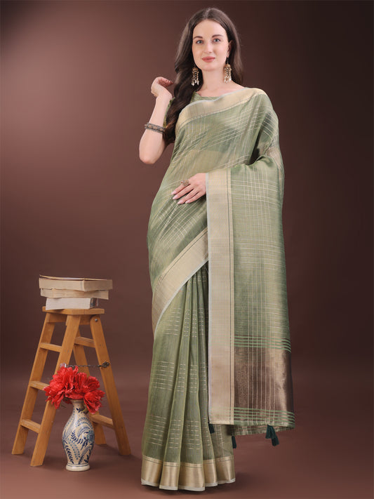 Astita Green Organza Saree with Gold Checked Design – Elegant & Classy Traditional Wear for Formal & Festive Occasions