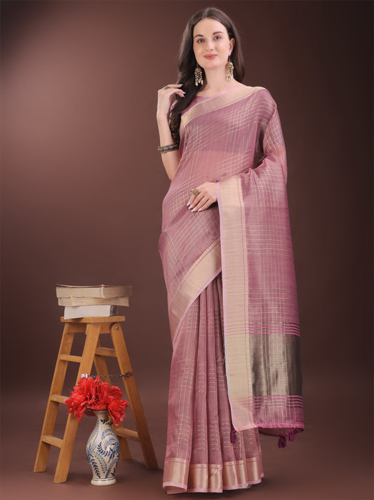 Astita Pink Organza Saree with Gold Checked Design – Elegant & Classy Traditional Wear for Formal & Festive Occasions