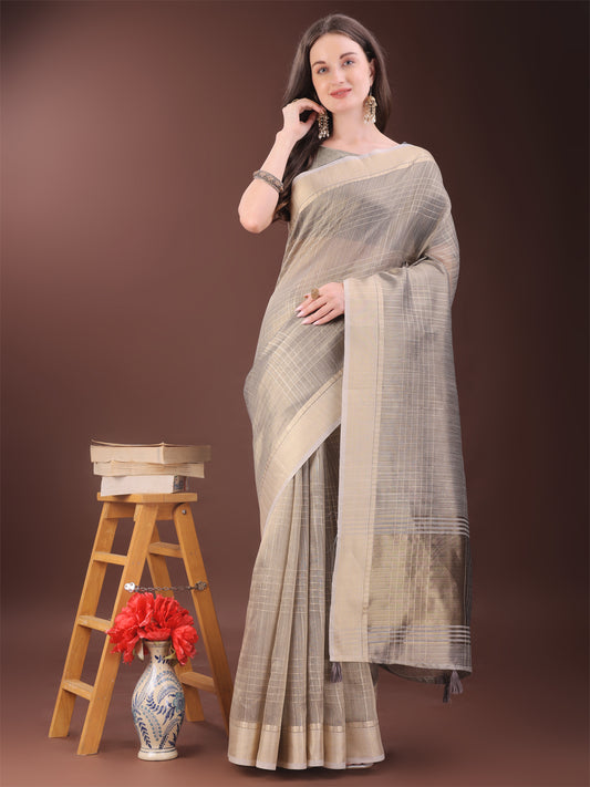 Astita Beige Organza Saree with Gold Checked Design – Elegant & Classy Traditional Wear for Formal & Festive Occasions