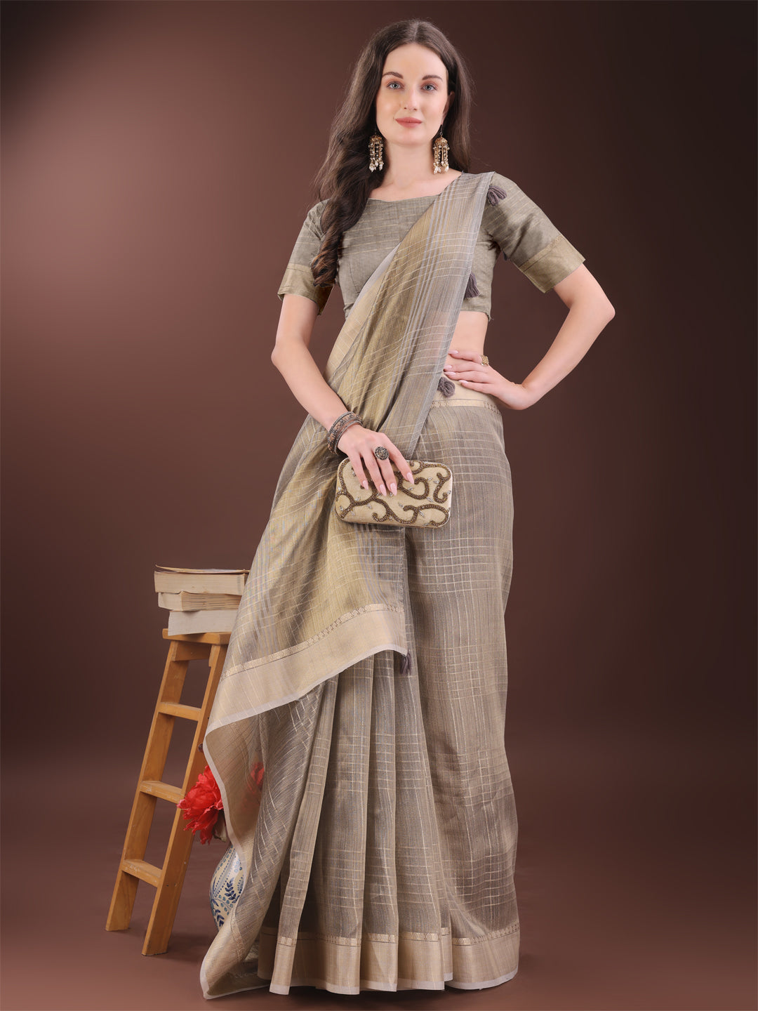 Astita Beige Organza Saree with Gold Checked Design – Elegant & Classy Traditional Wear for Formal & Festive Occasions