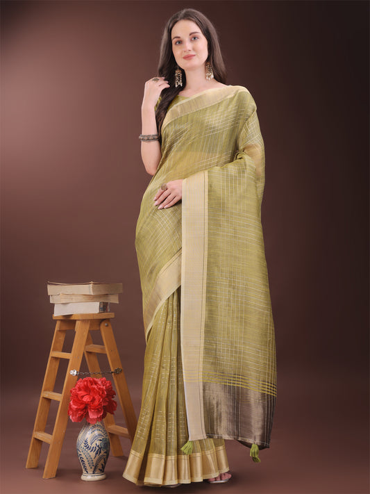 Astita Mhendi Green Organza Saree with Gold Checked Design – Elegant & Classy Traditional Wear for Formal & Festive Occasions