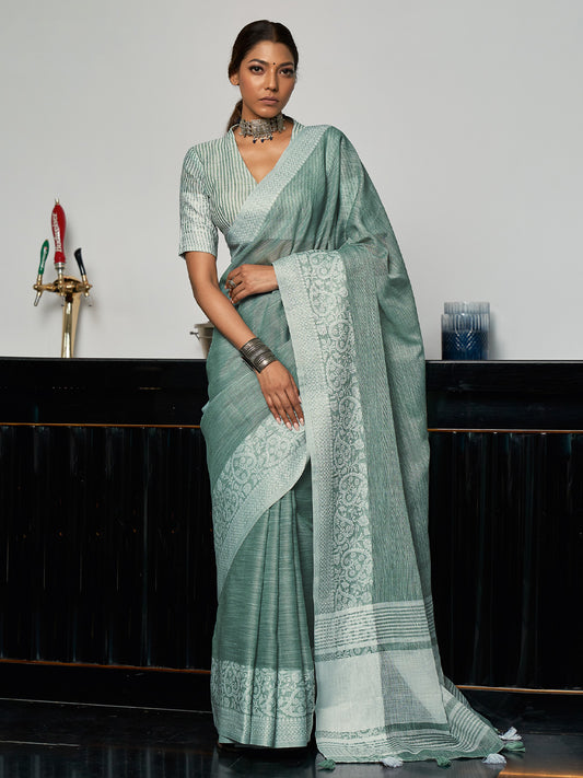 Elegant Sea Green Woven Linen Saree with Contrast Zari Border & Tassels – Soft & Breathable Party Wear