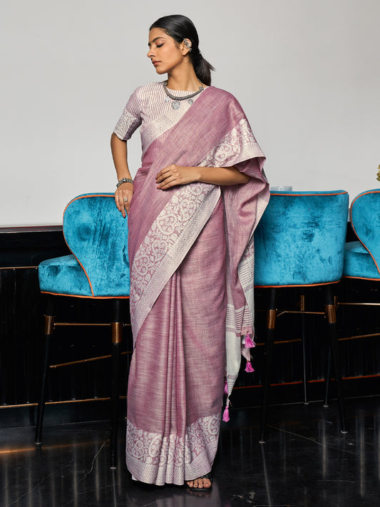 Elegant Mauve Woven Linen Saree with Contrast Zari Border & Tassels – Soft & Breathable Party Wear