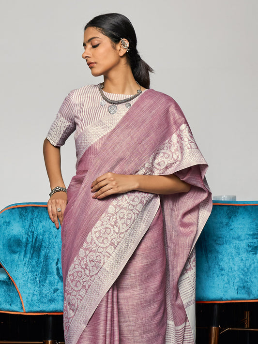Elegant Mauve Woven Linen Saree with Contrast Zari Border & Tassels – Soft & Breathable Party Wear