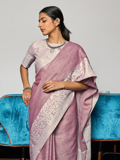 Elegant Mauve Woven Linen Saree with Contrast Zari Border & Tassels – Soft & Breathable Party Wear
