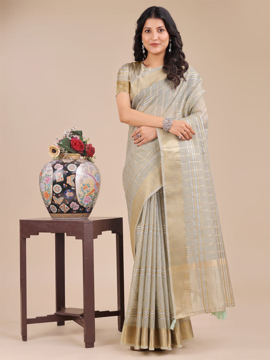 Astita Pale Sage Green Organza Saree with Gold Zari – Subtle Grace for Timeless Style