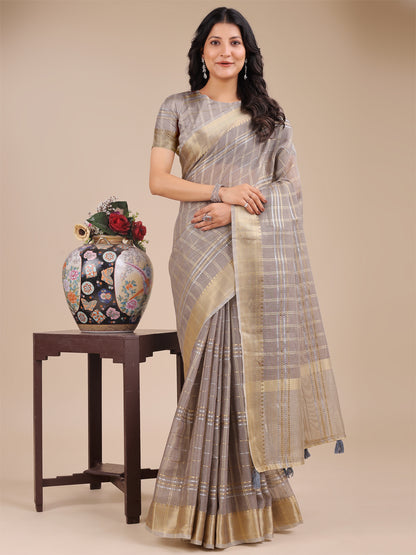 Astita Tan Organza Saree with Gold Zari – Subtle Grace for Timeless Style