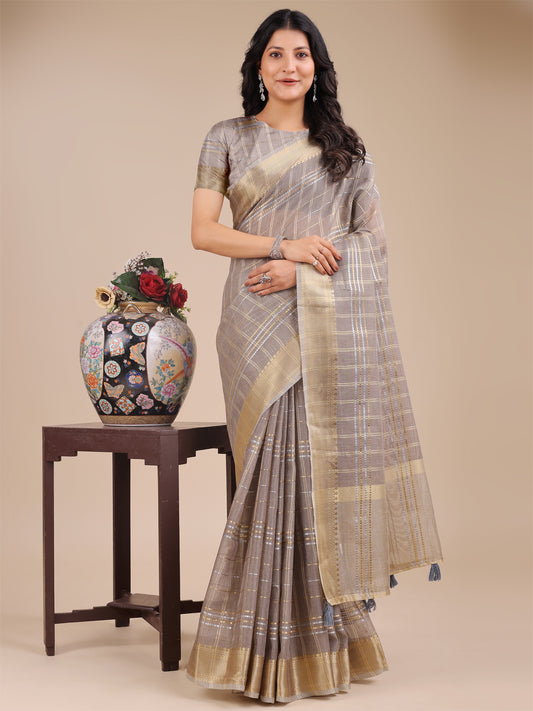 Astita Tan Organza Saree with Gold Zari – Subtle Grace for Timeless Style