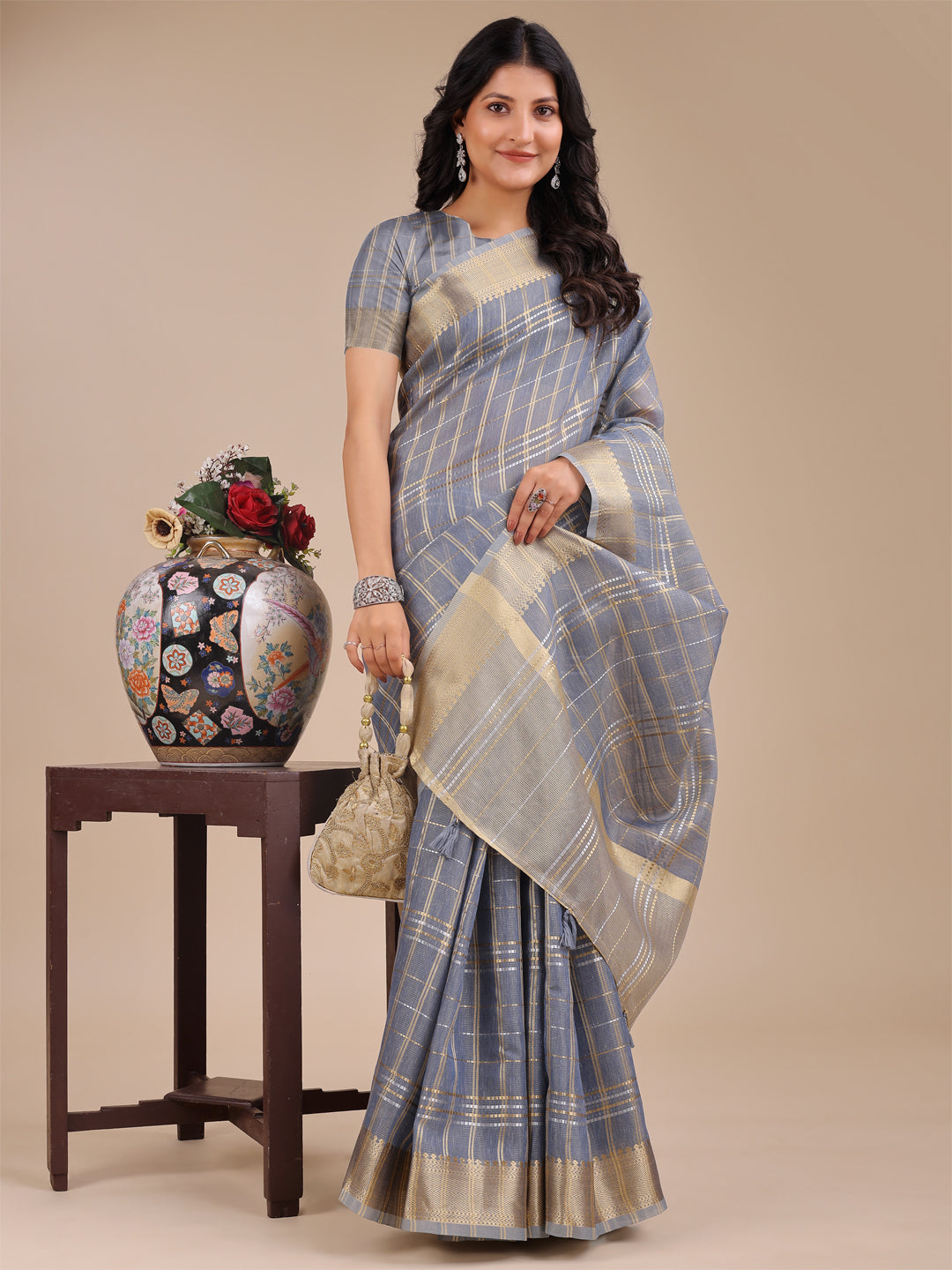Astita Sky Blue Organza Saree with Gold Zari – Subtle Grace for Timeless Style