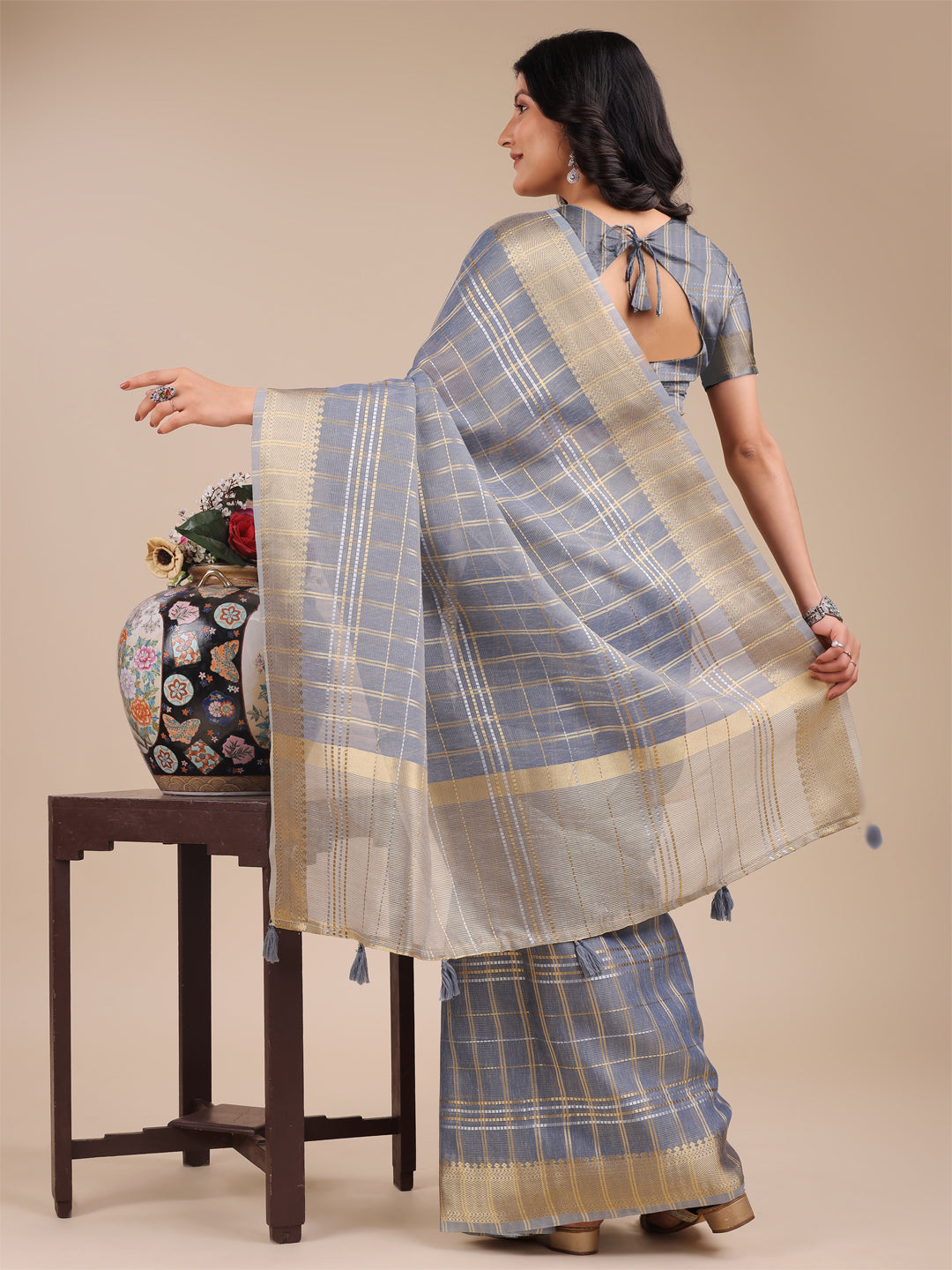 Astita Sky Blue Organza Saree with Gold Zari – Subtle Grace for Timeless Style