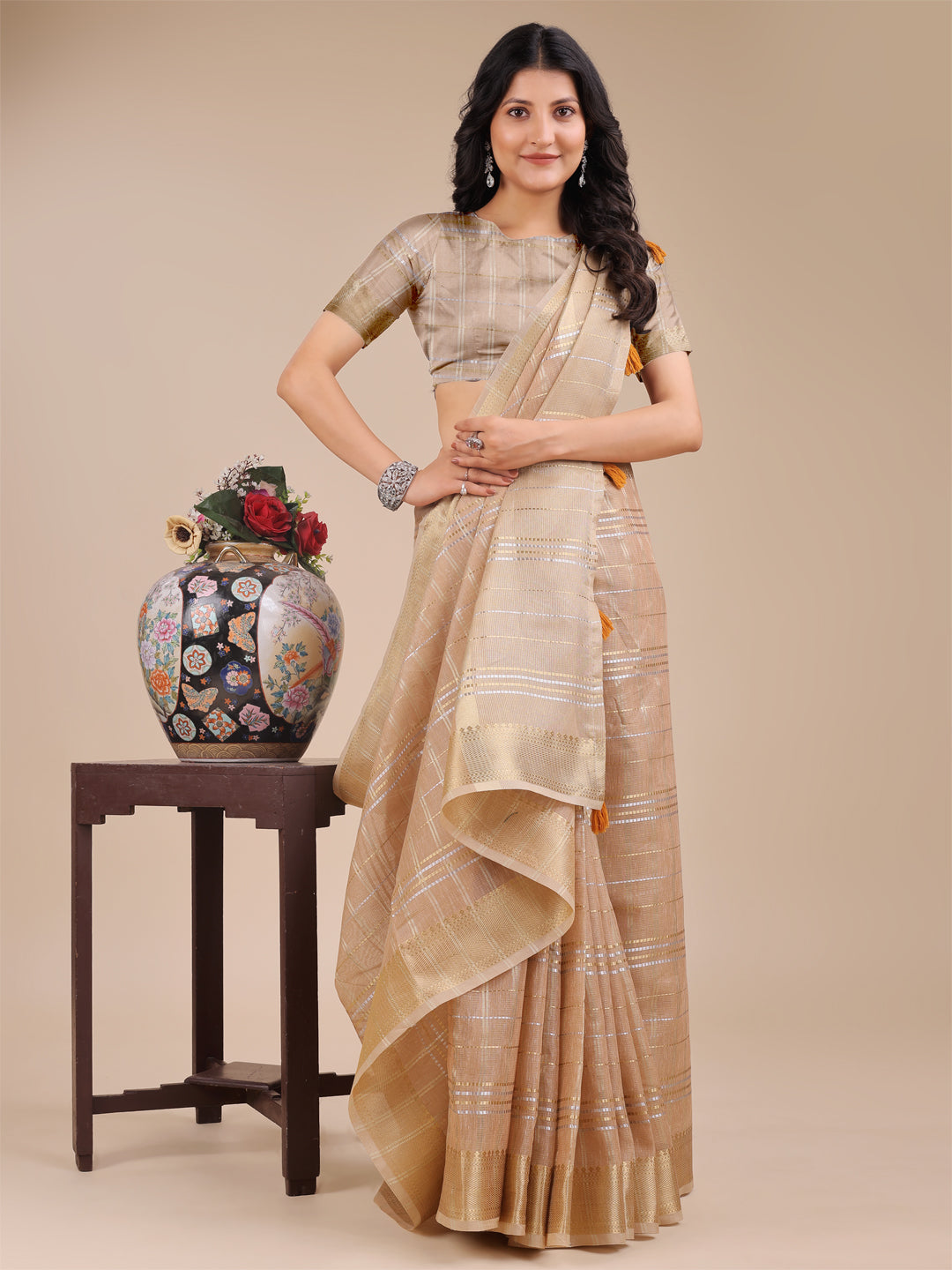 Astita Cream Organza Saree with Gold Zari – Subtle Grace for Timeless Style