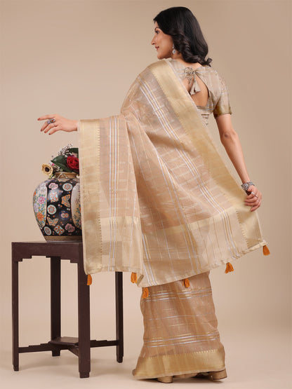 Astita Cream Organza Saree with Gold Zari – Subtle Grace for Timeless Style