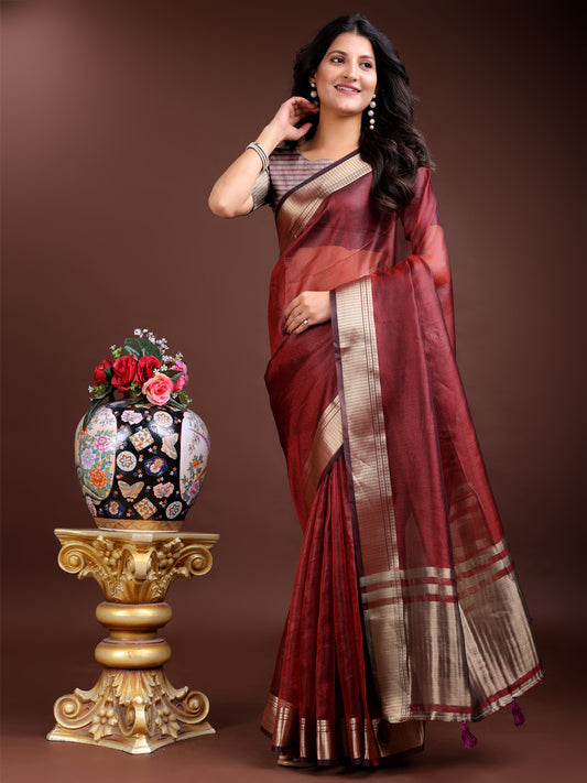 Maroon Red Organza Saree with Golden Zari Border – Embrace Classic Grace