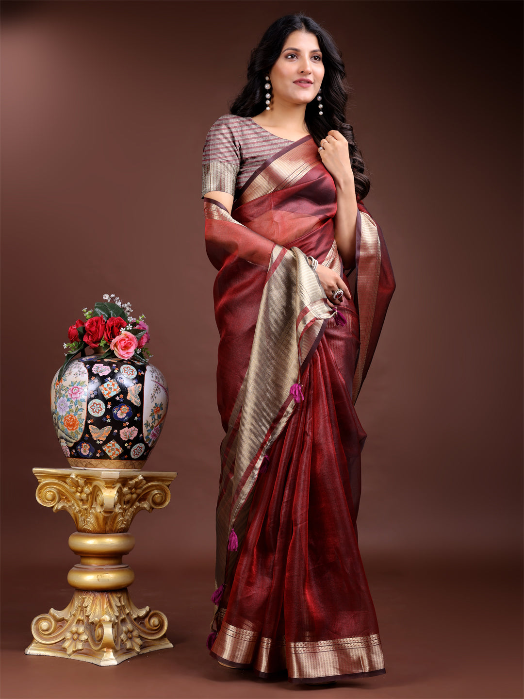 Maroon Red Organza Saree with Golden Zari Border – Embrace Classic Grace