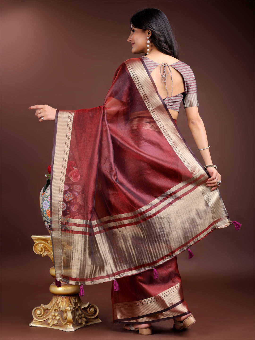 Maroon Red Organza Saree with Golden Zari Border – Embrace Classic Grace