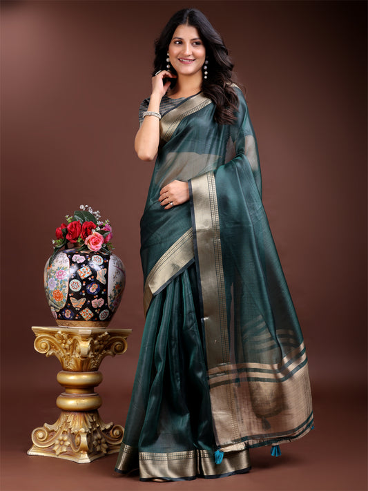 Sea Green Organza Saree with Golden Zari Border – Embrace Classic Grace